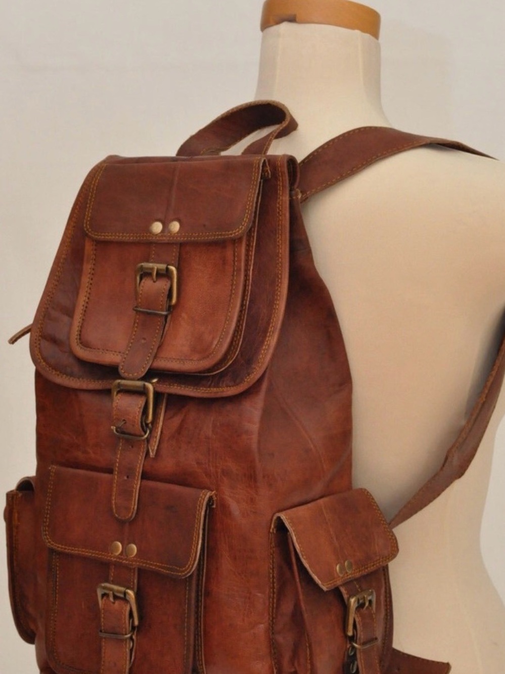 Brown Leather Backpack with Buckle Pockets - Men's Travel Rucksack